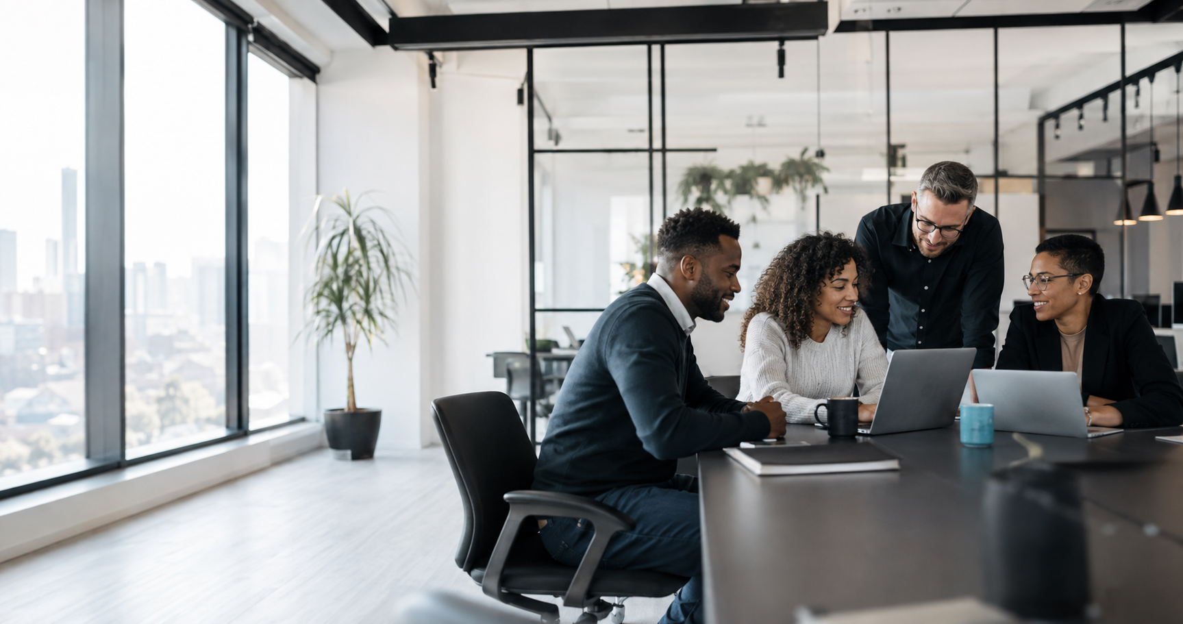 A diverse professional team collaborating in a bright modern office