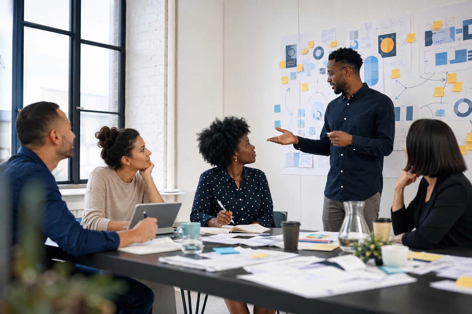 A diverse team planning a growth strategy in a bright meeting room